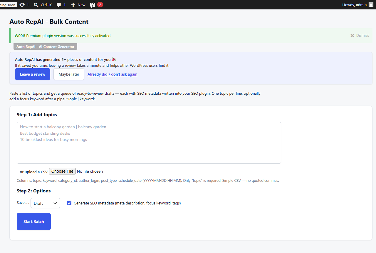 The Bulk Content screen