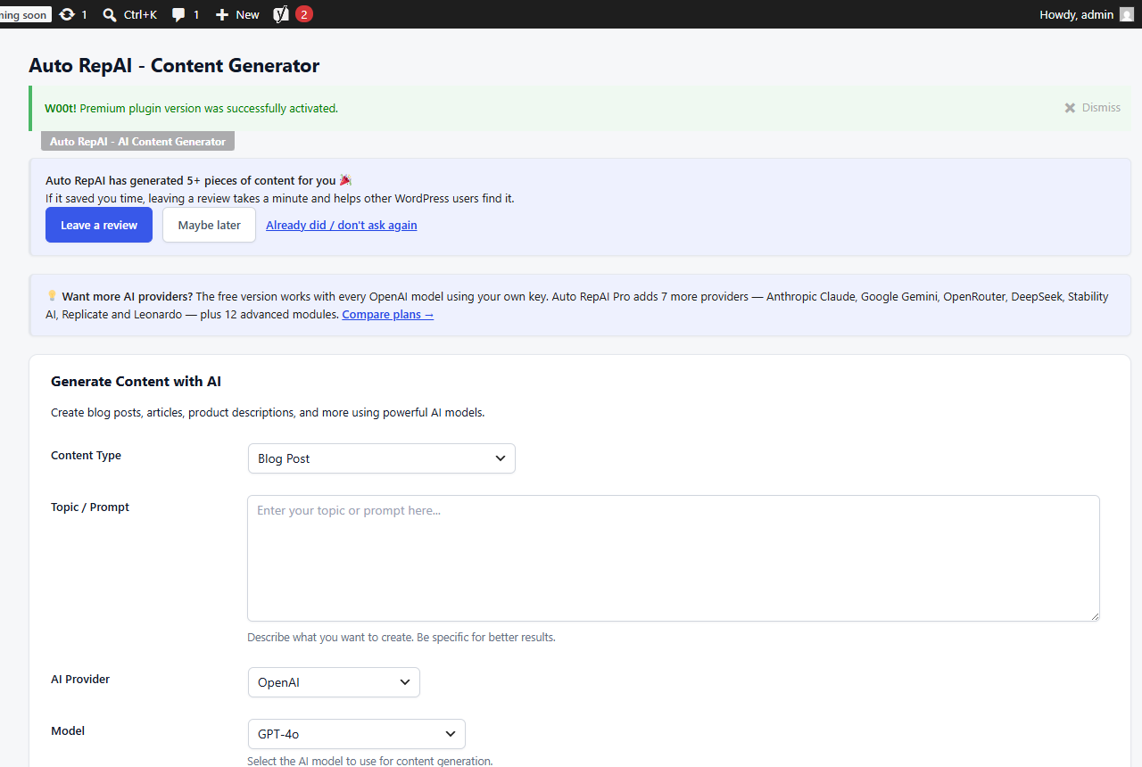 The Content Generator screen