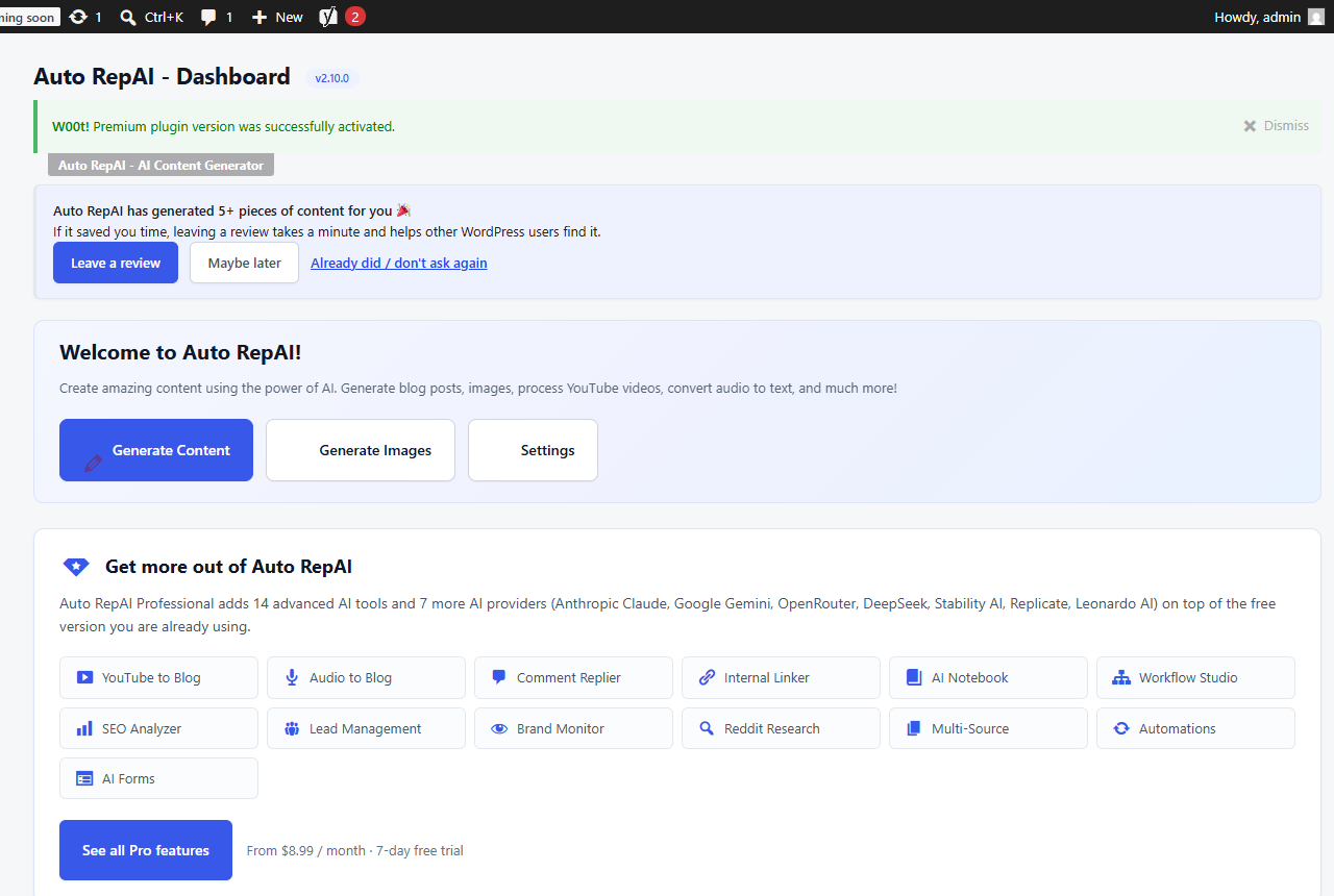 The Auto RepAI dashboard in WordPress