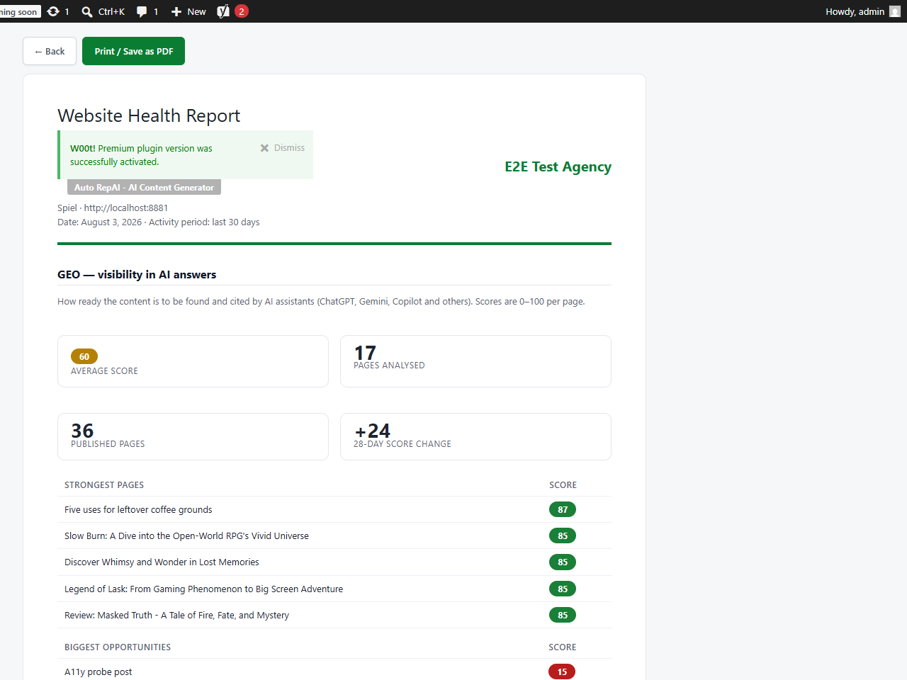 A generated Health Report ready to print