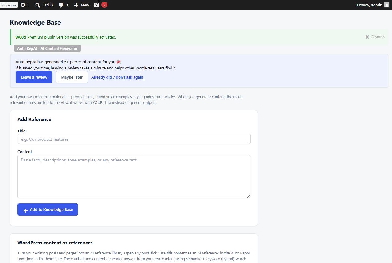 The Knowledge Base screen with bulk indexing