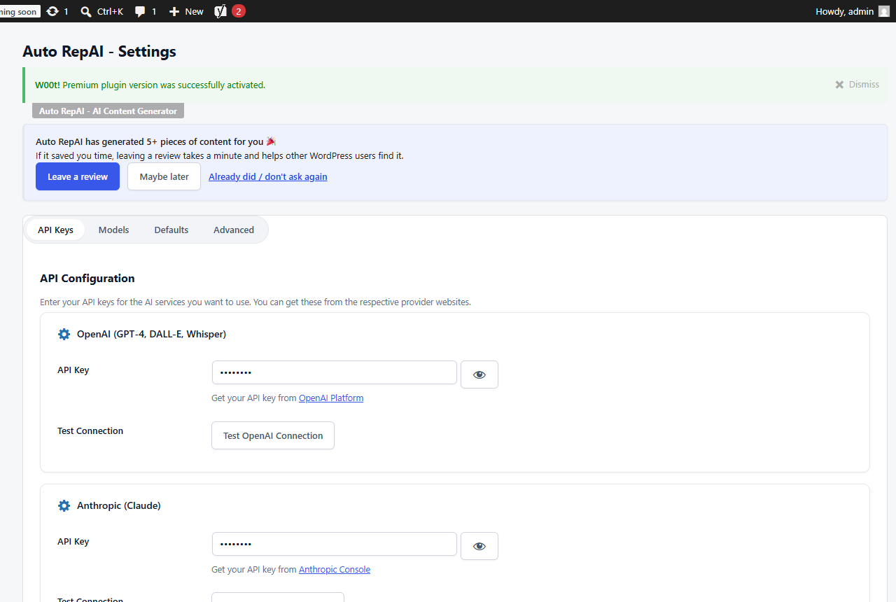 Auto RepAI settings screen