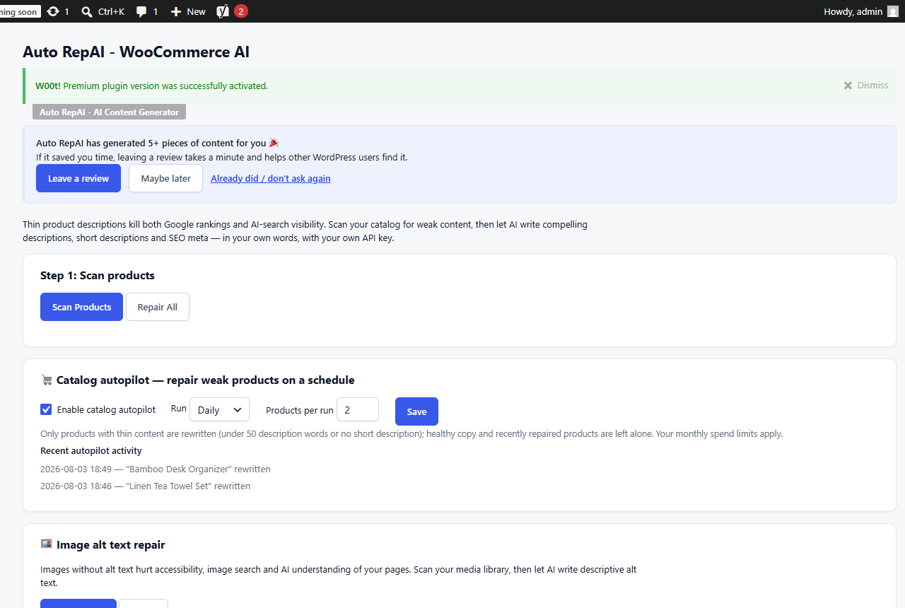 The WooCommerce AI screen with the catalog autopilot